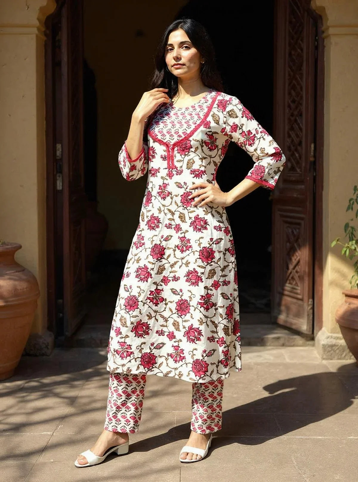 Buy Rayon Printed Straight Calf Length Kurta with Pant-Red