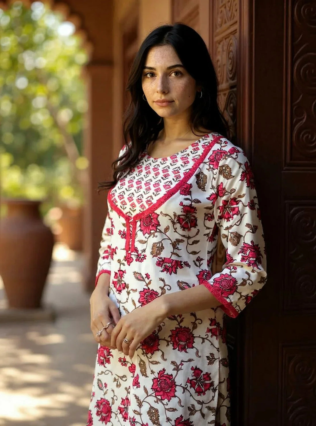 Buy Rayon Printed Straight Calf Length Kurta with Pant-Red