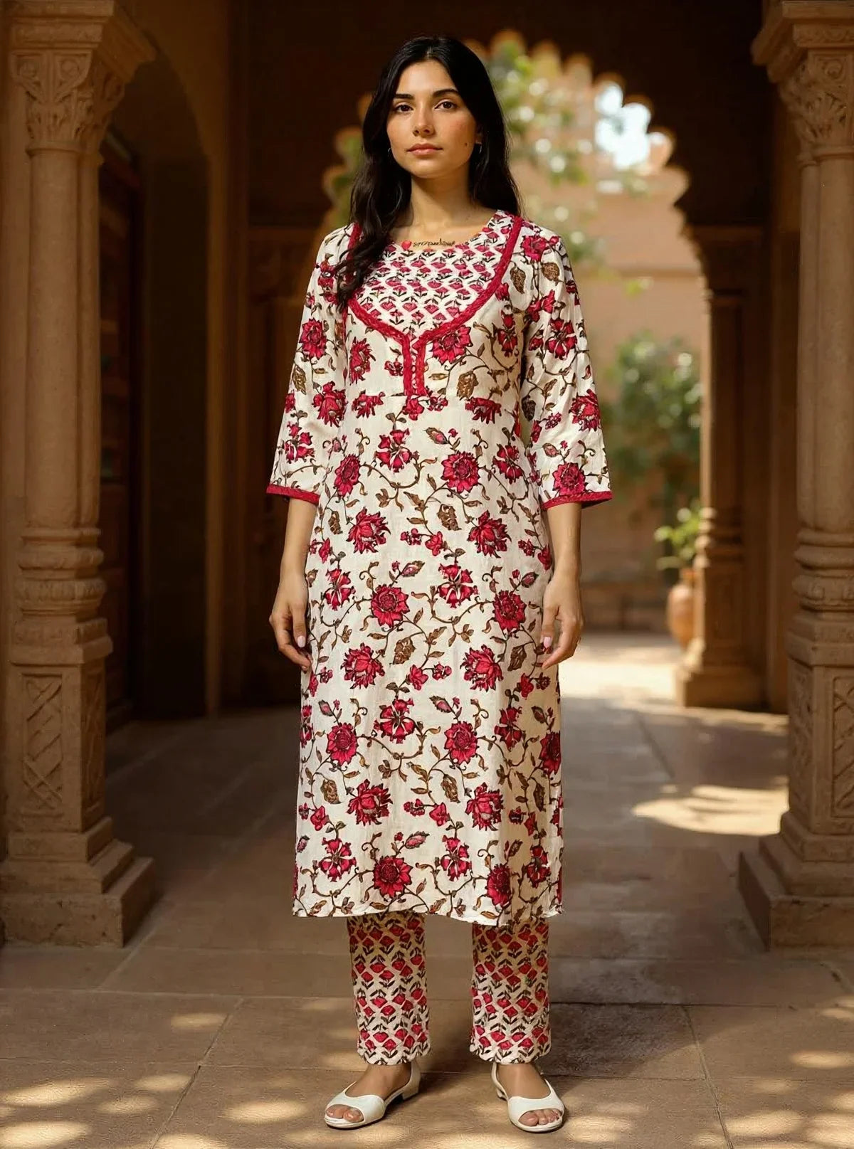 Buy Rayon Printed Straight Calf Length Kurta with Pant-Red