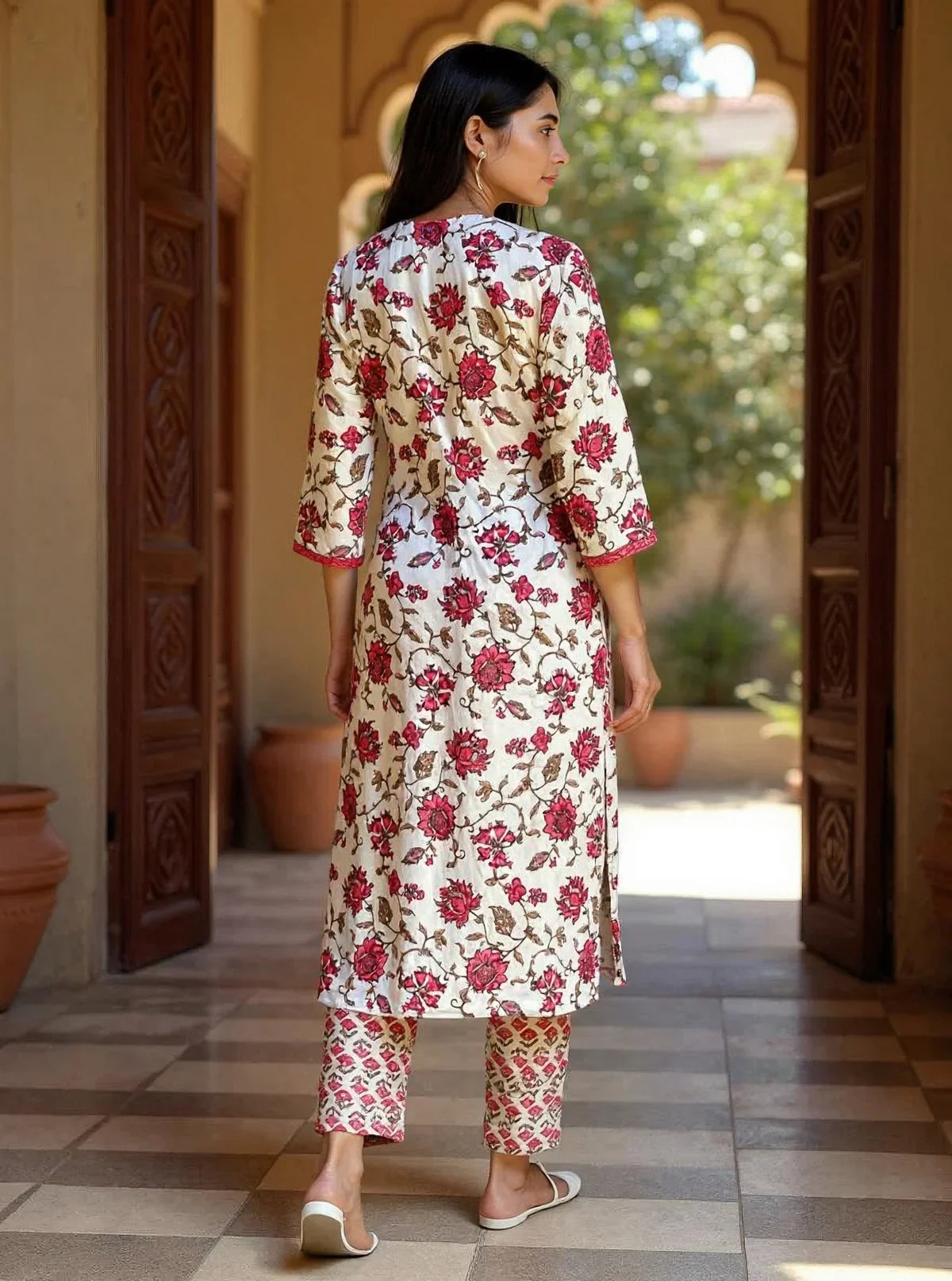 Buy Rayon Printed Straight Calf Length Kurta with Pant-Red