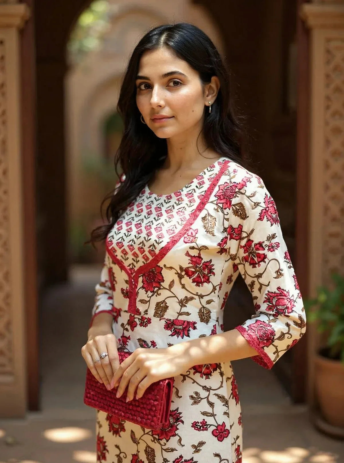 Buy Rayon Printed Straight Calf Length Kurta with Pant-Red