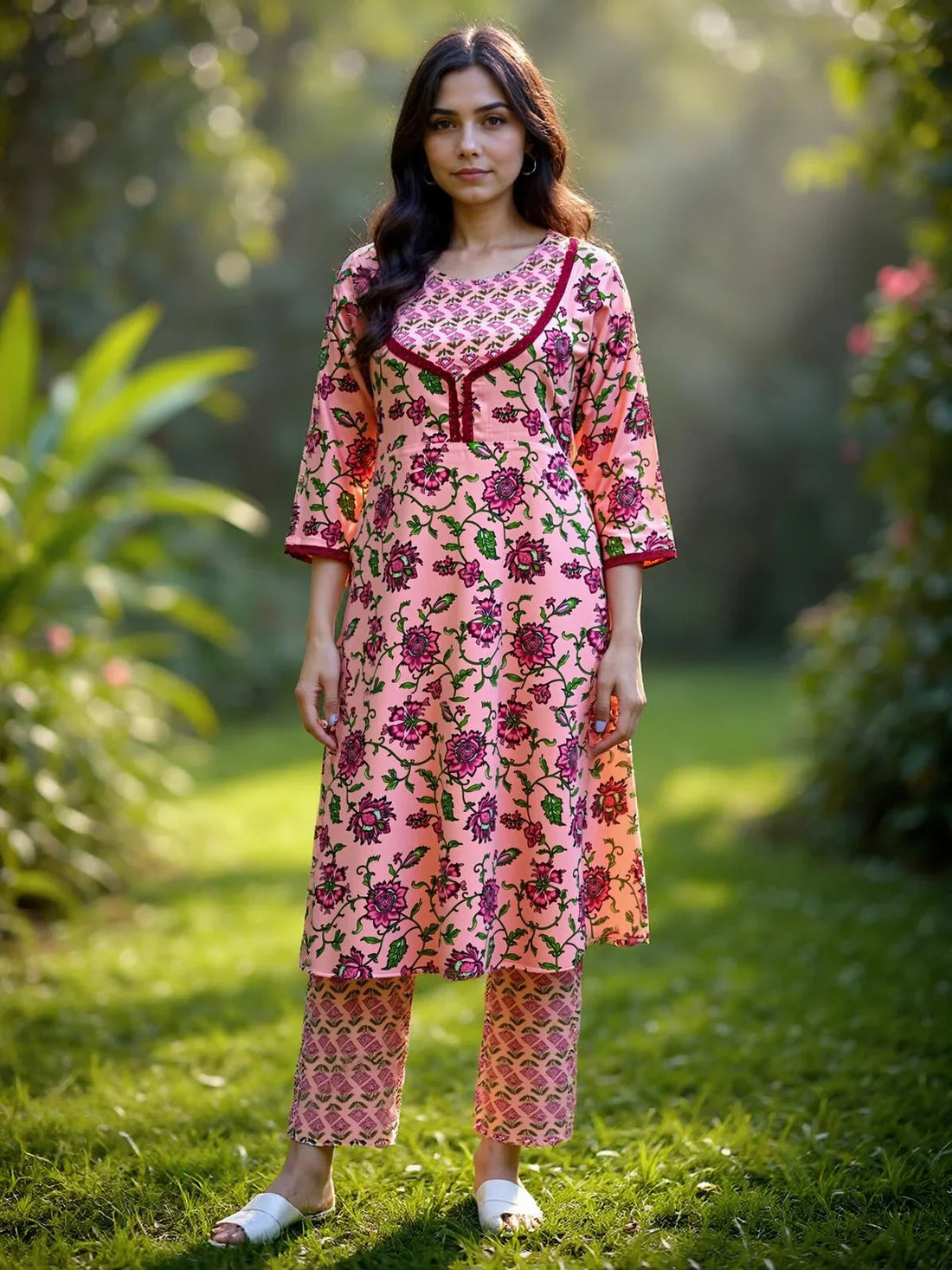 Buy Rayon Embroidered Straight Calf Length Kurta with Pant-Peach