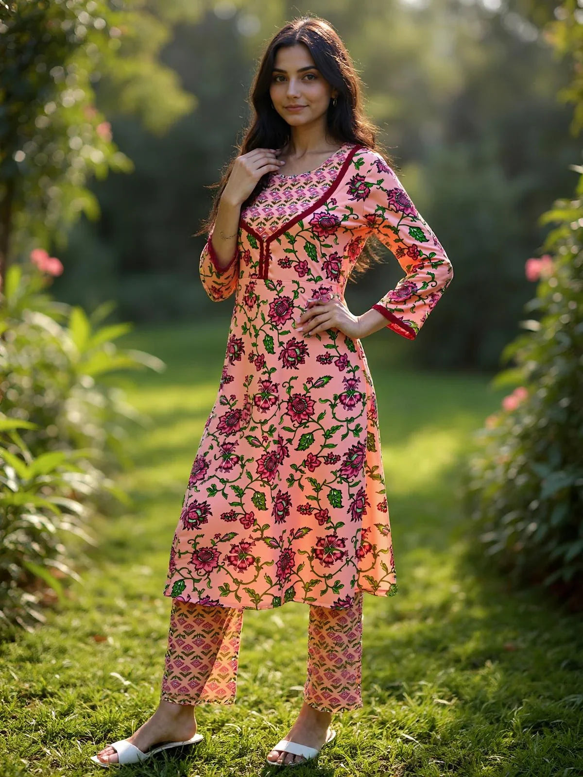 Buy Rayon Embroidered Straight Calf Length Kurta with Pant-Peach
