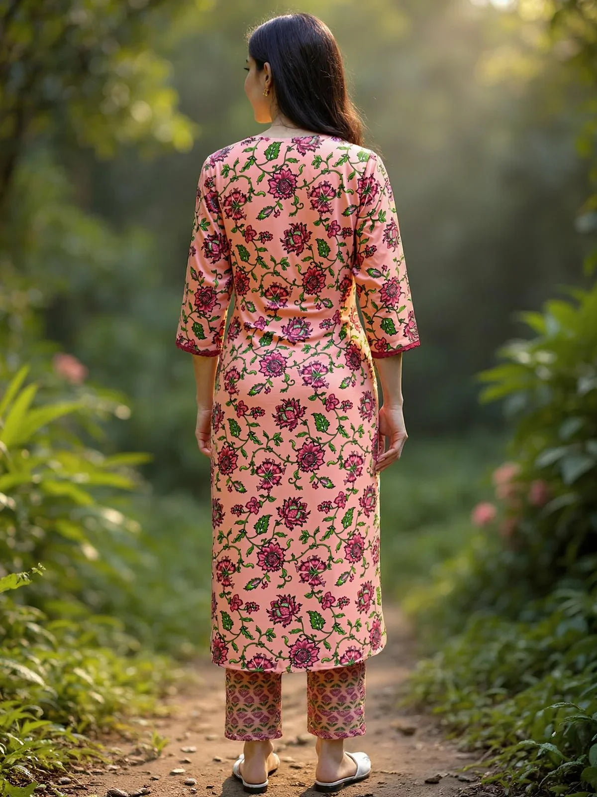 Buy Rayon Embroidered Straight Calf Length Kurta with Pant-Peach
