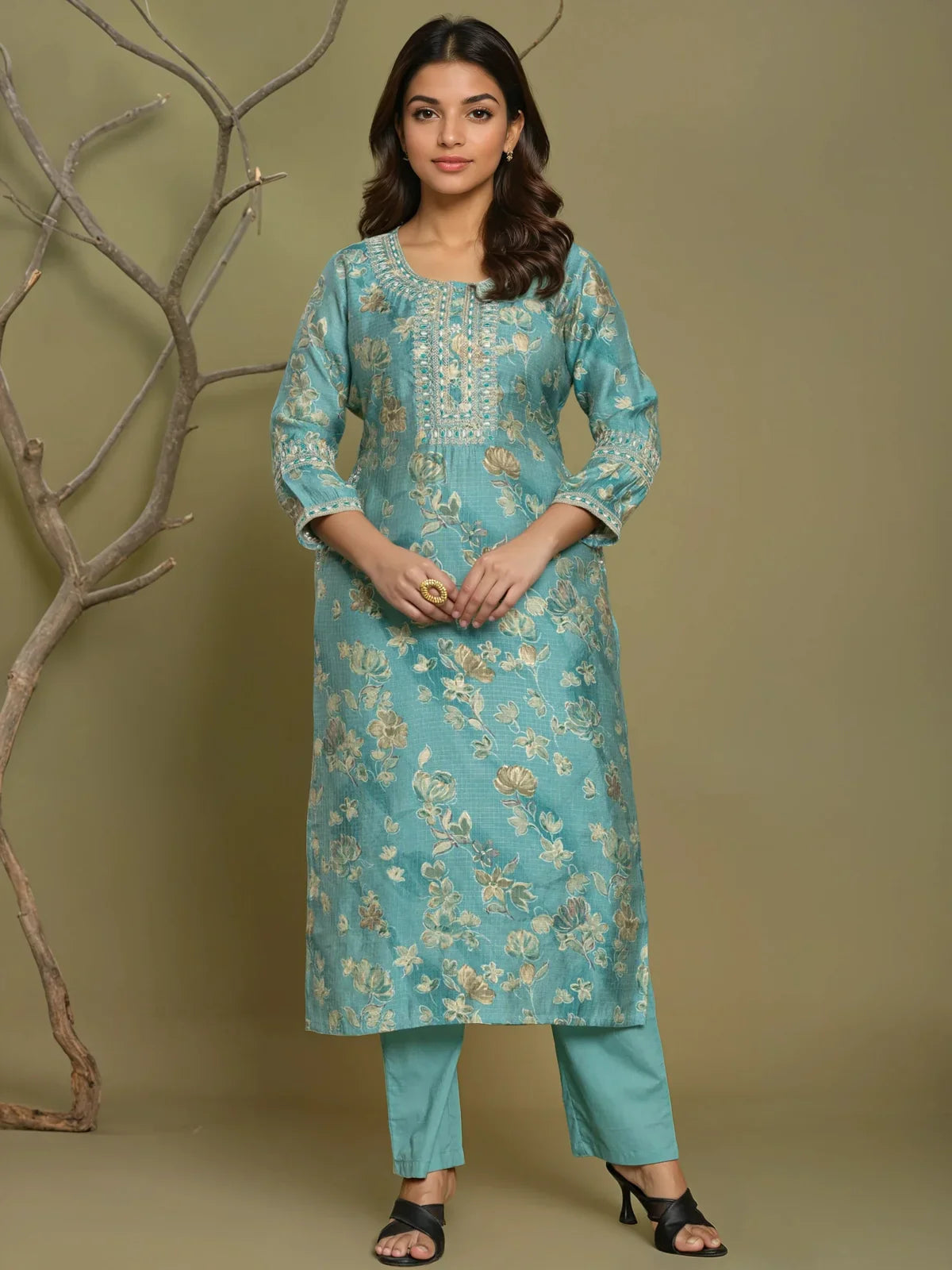 Buy Viscose Poly Embroidered Straight Calf Length Kurta with Pant-Green