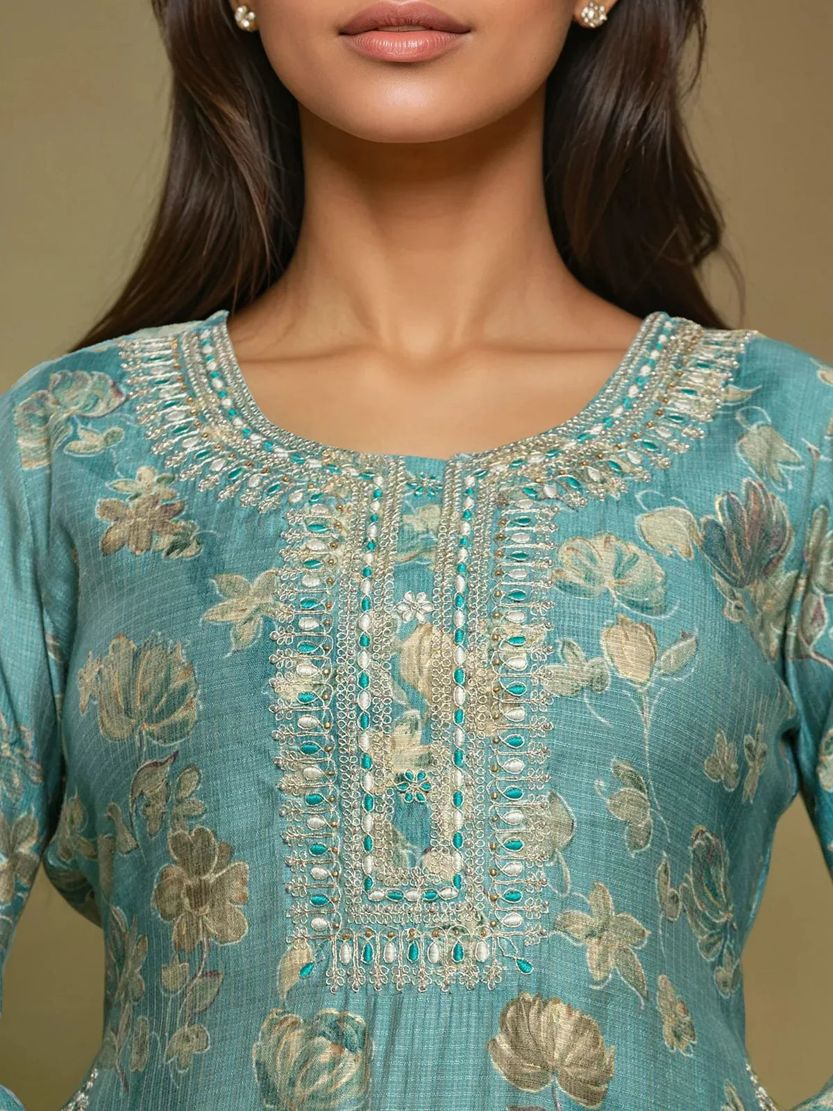 Buy Viscose Poly Embroidered Straight Calf Length Kurta with Pant-Green