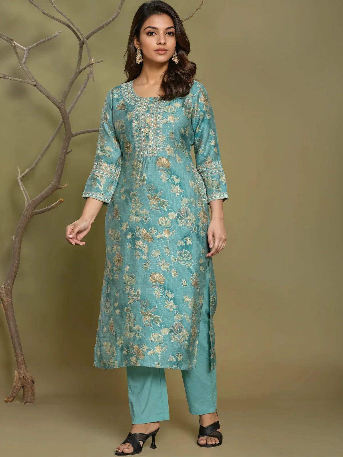 Buy Viscose Poly Embroidered Straight Calf Length Kurta with Pant-Green
