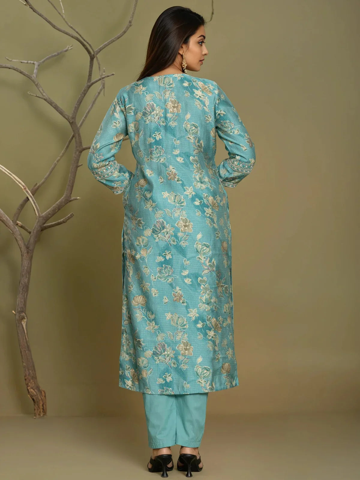 Buy Viscose Poly Embroidered Straight Calf Length Kurta with Pant-Green