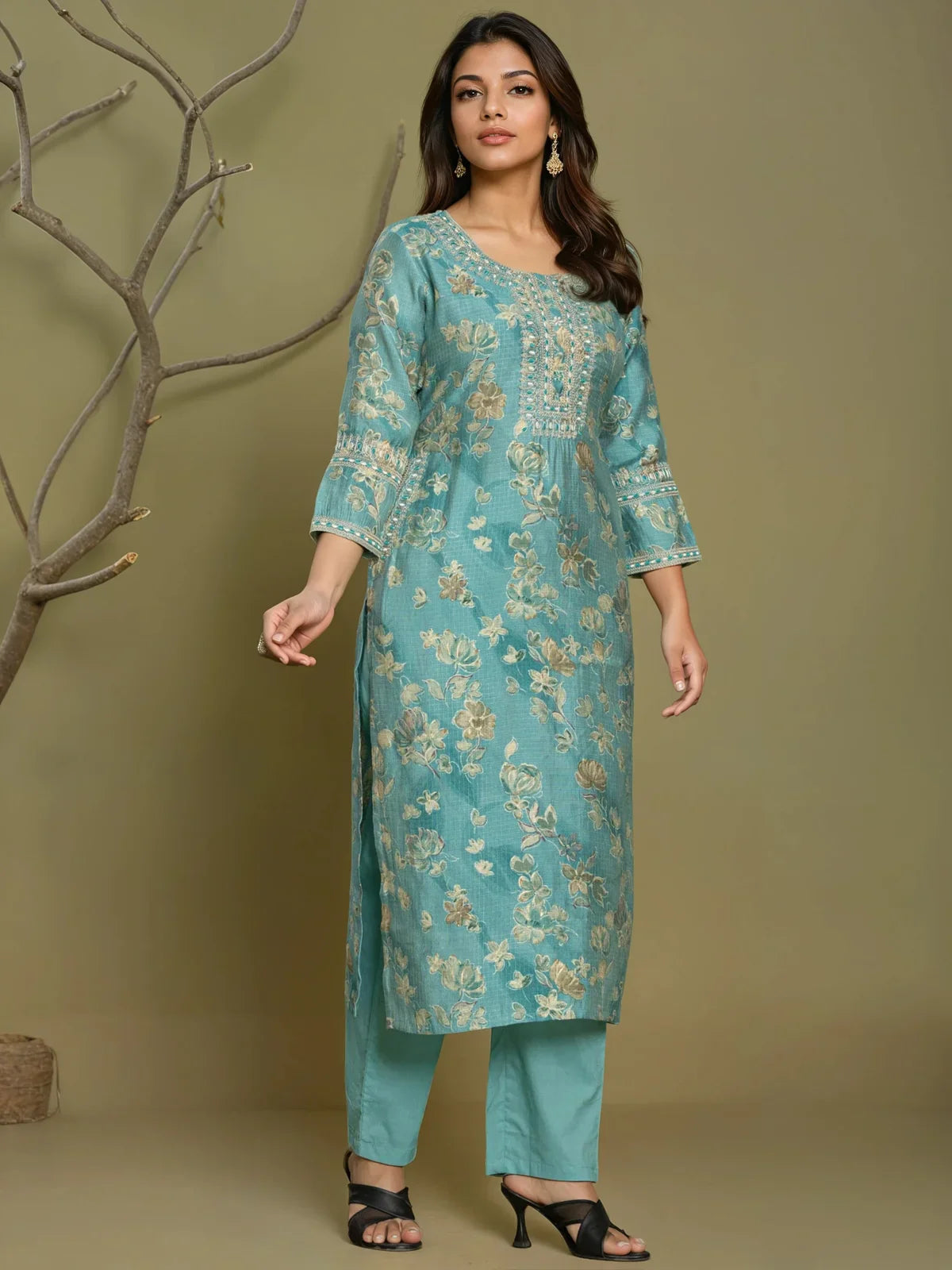 Buy Viscose Poly Embroidered Straight Calf Length Kurta with Pant-Green