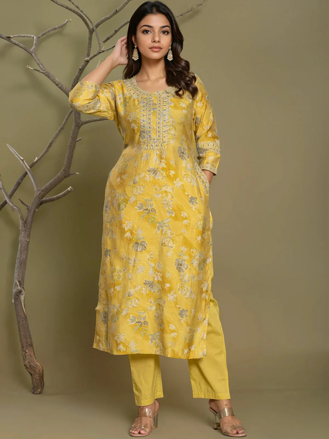 Buy Viscose Poly Embroidered Straight Calf Length Kurta with Pant-Yellow