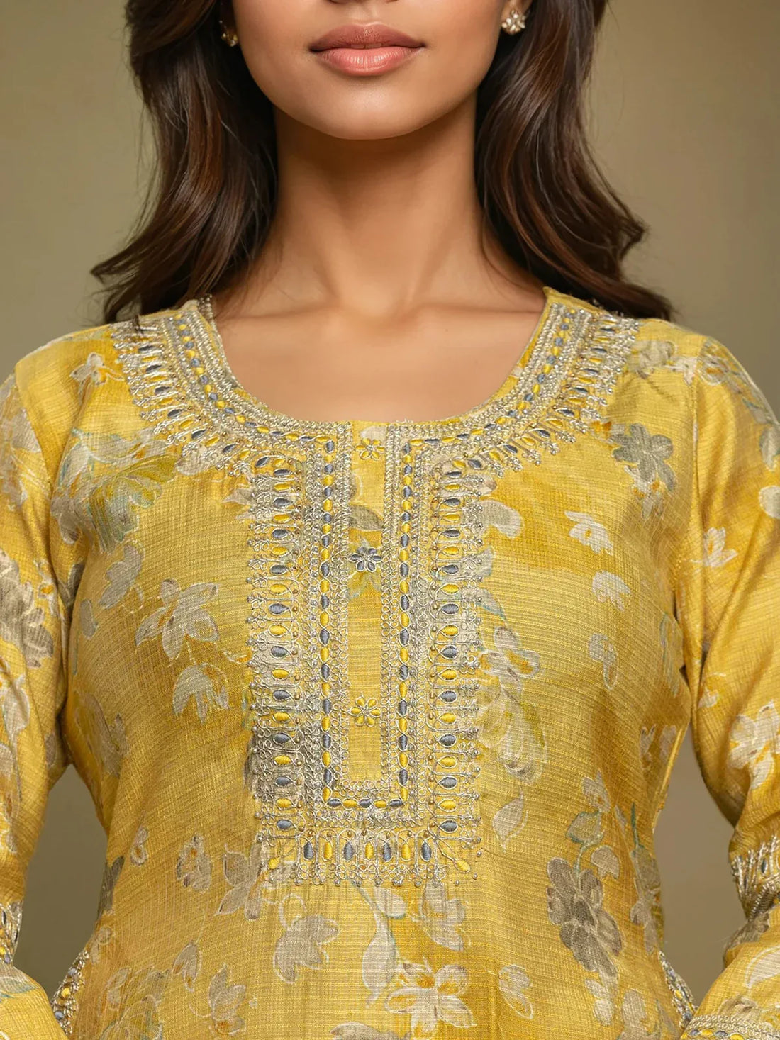 Buy Viscose Poly Embroidered Straight Calf Length Kurta with Pant-Yellow