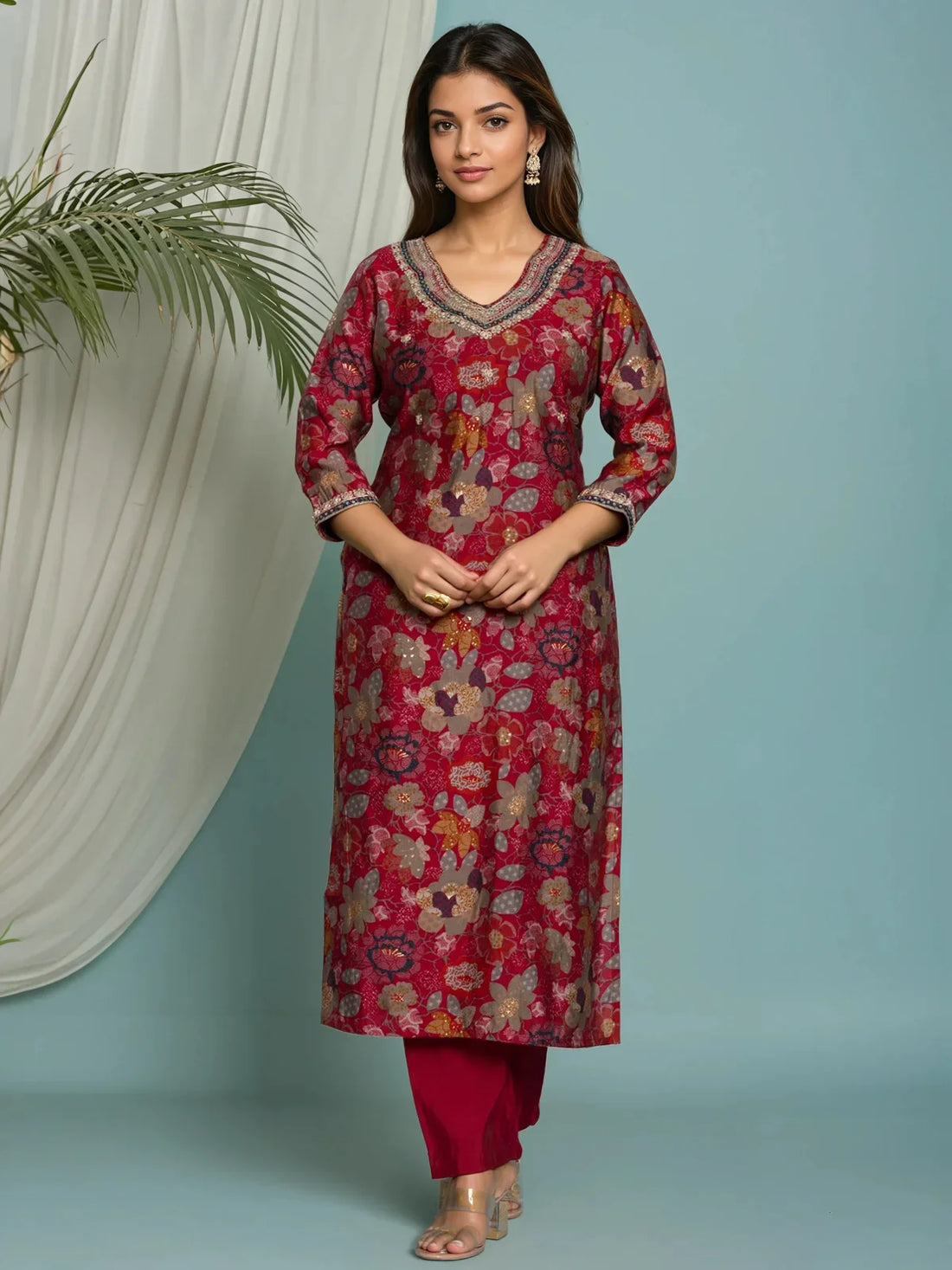 Buy Viscose Poly Embroidered Straight Calf Length Kurta with Pant-Pink
