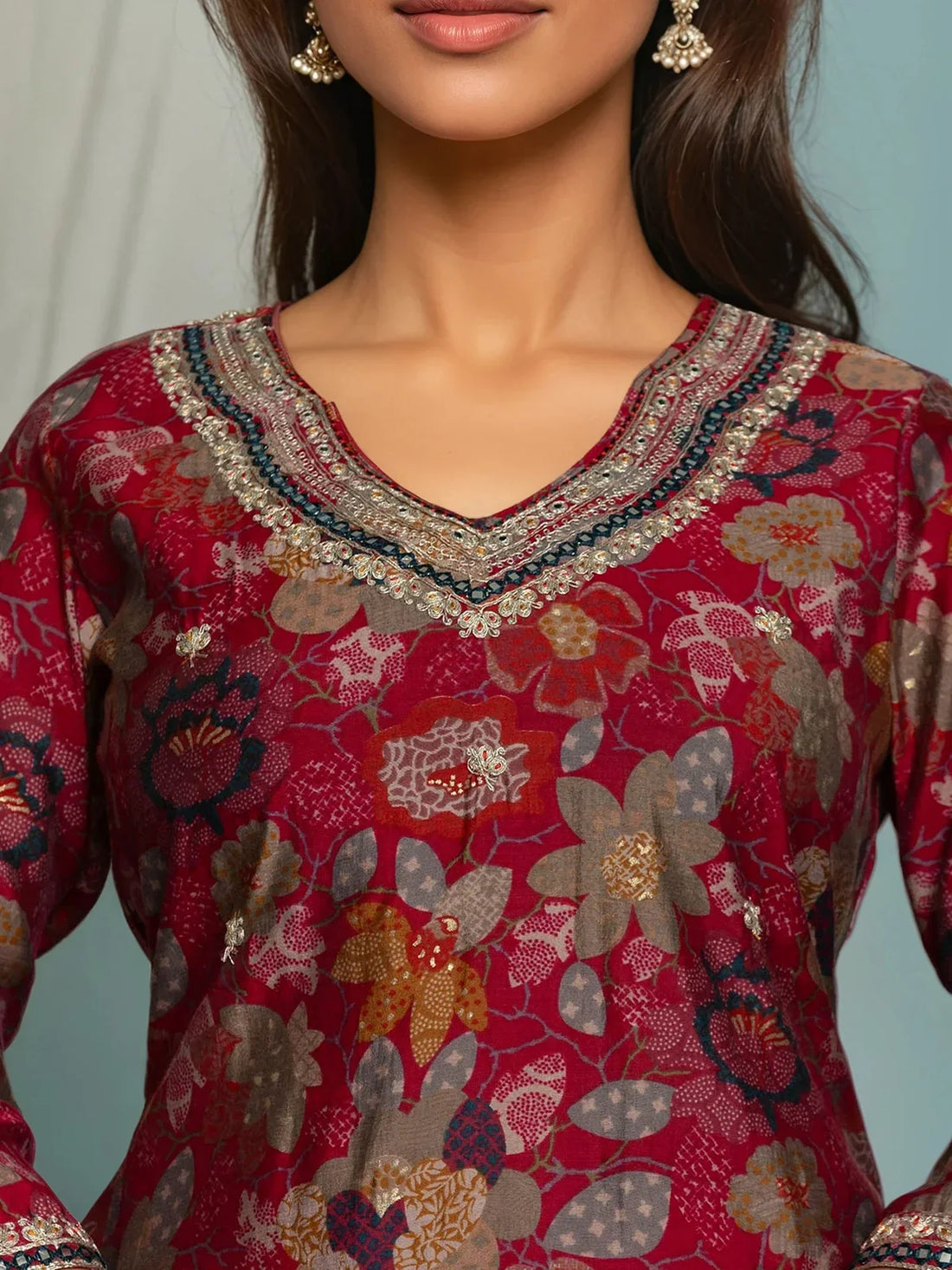 Buy Viscose Poly Embroidered Straight Calf Length Kurta with Pant-Pink