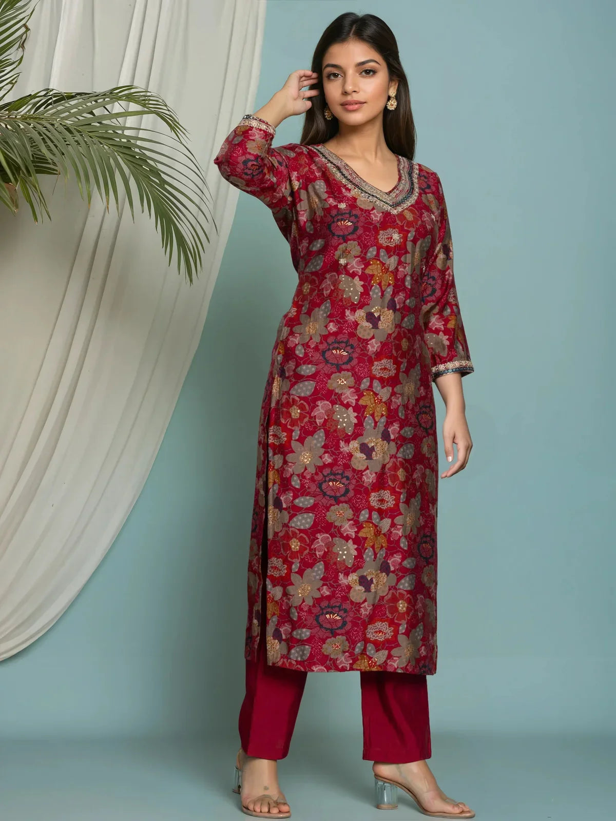 Buy Viscose Poly Embroidered Straight Calf Length Kurta with Pant-Pink