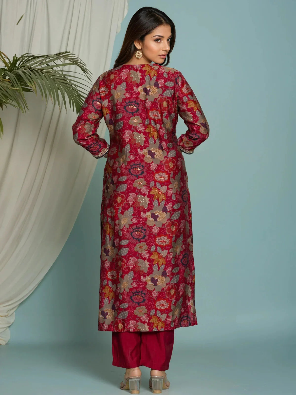 Buy Viscose Poly Embroidered Straight Calf Length Kurta with Pant-Pink