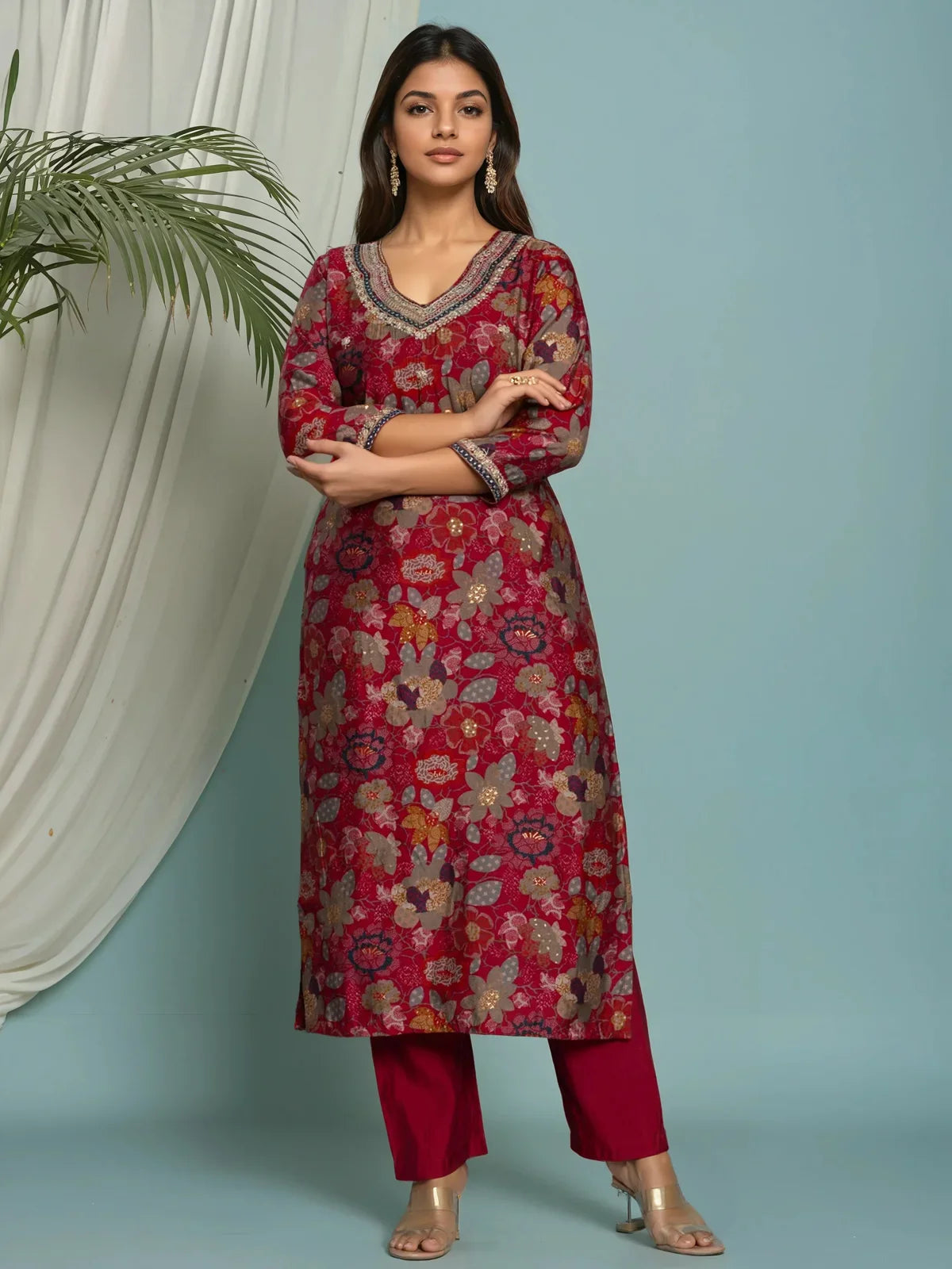 Buy Viscose Poly Embroidered Straight Calf Length Kurta with Pant-Pink