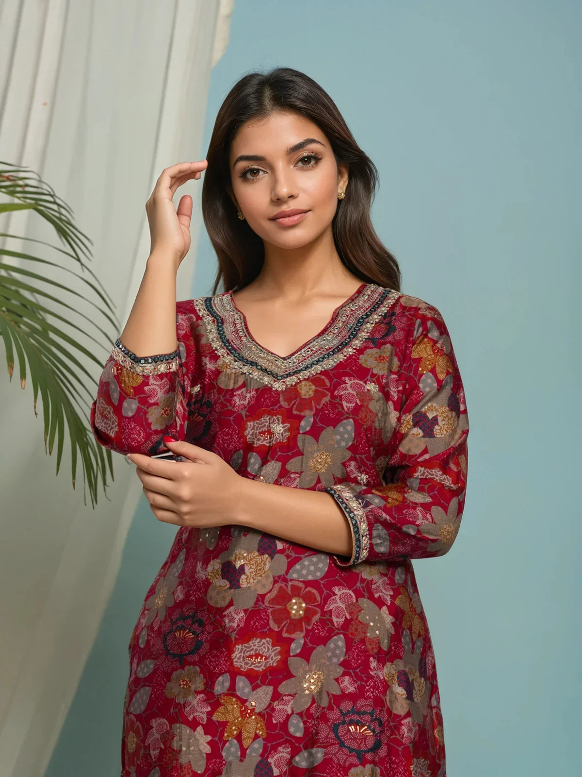 Buy Viscose Poly Embroidered Straight Calf Length Kurta with Pant-Pink