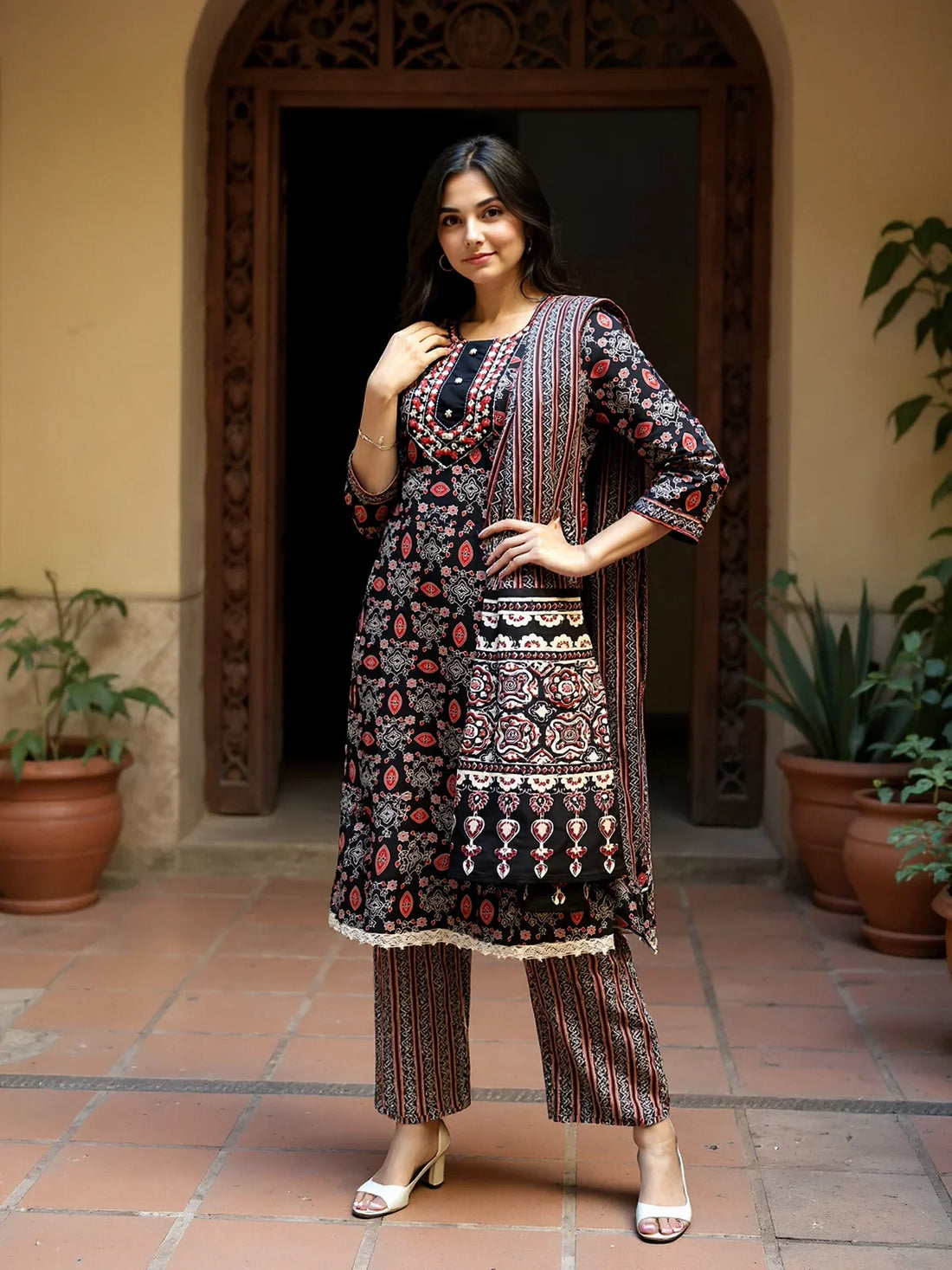 Buy Cotton Embroidered Straight Calf Length Kurta with Pant and Dupatta-Black