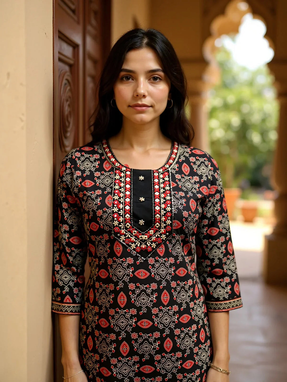 Buy Cotton Embroidered Straight Calf Length Kurta with Pant and Dupatta-Black