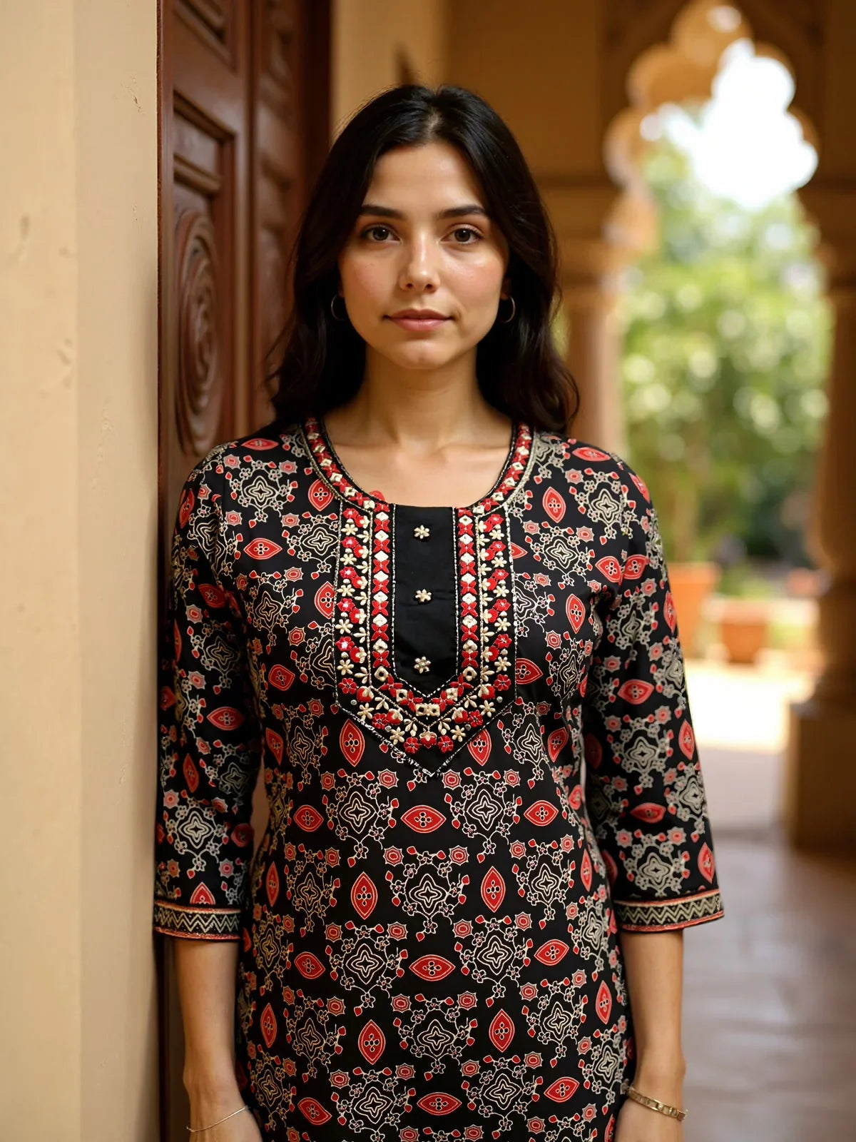 Buy Cotton Embroidered Straight Calf Length Kurta with Pant and Dupatta-Black