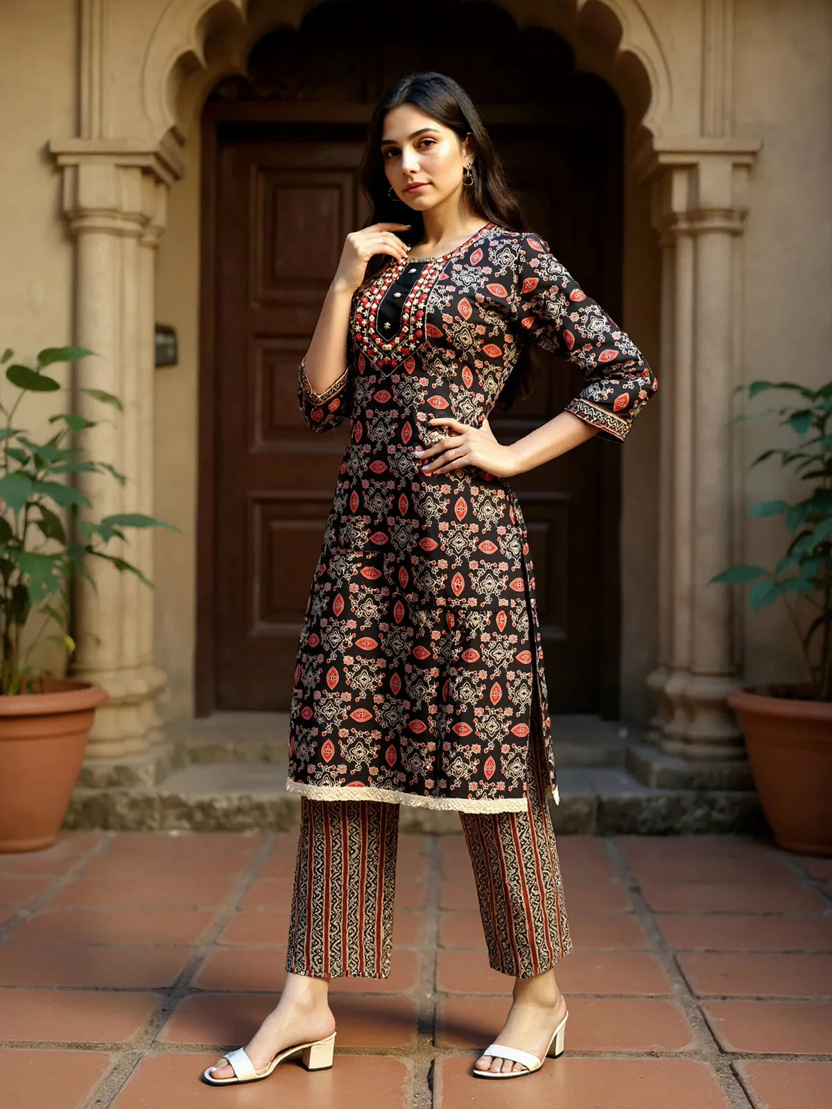 Buy Cotton Embroidered Straight Calf Length Kurta with Pant and Dupatta-Black