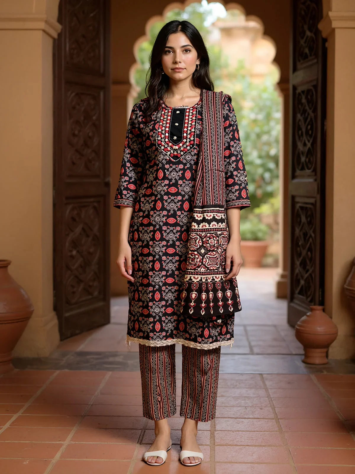 Buy Cotton Embroidered Straight Calf Length Kurta with Pant and Dupatta-Black