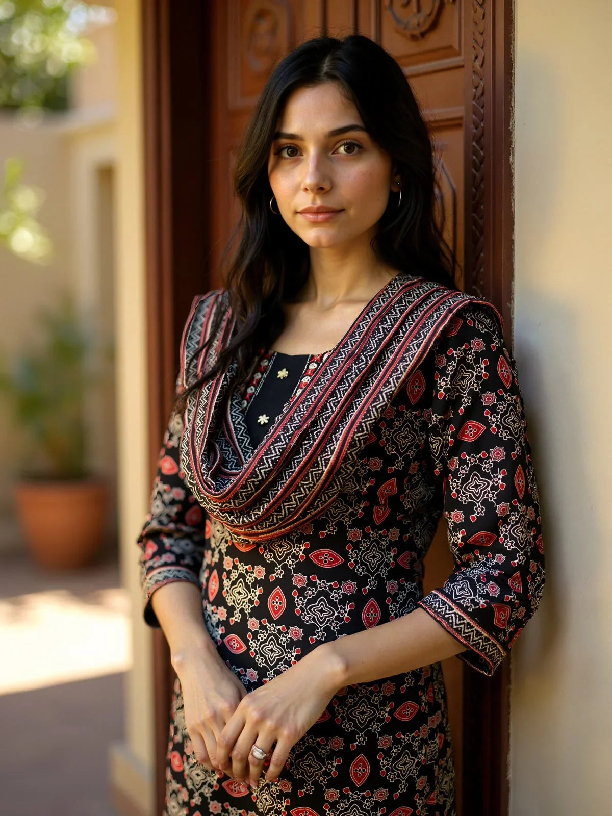 Buy Cotton Embroidered Straight Calf Length Kurta with Pant and Dupatta-Black
