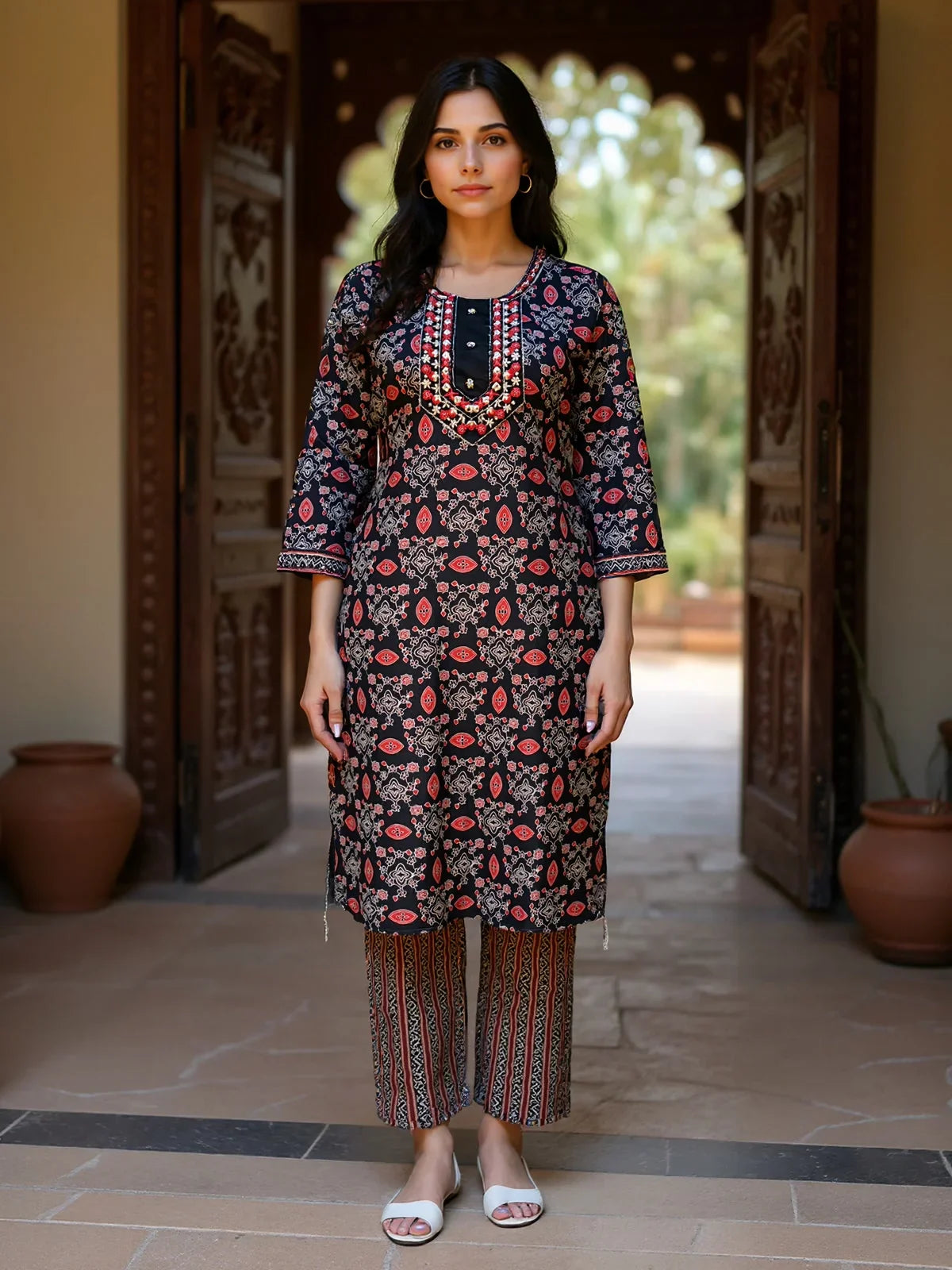Buy Cotton Embroidered Straight Calf Length Kurta with Pant and Dupatta-Black