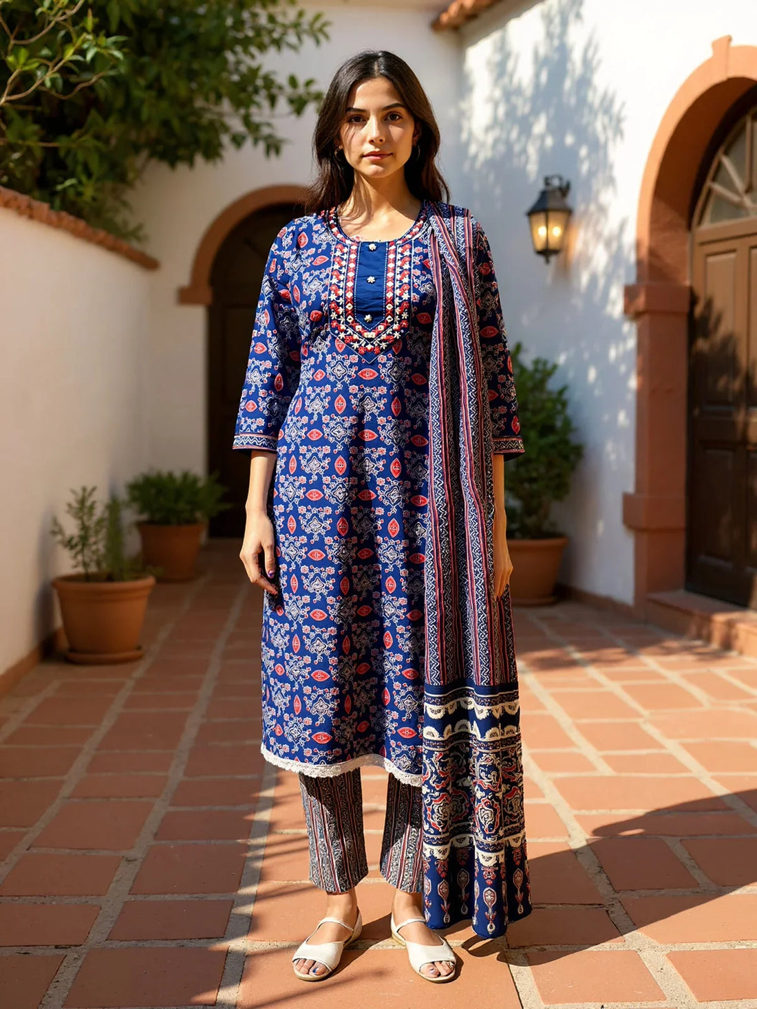 Buy Cotton Embroidered Straight Calf Length Kurta with Pant and Dupatta-Blue