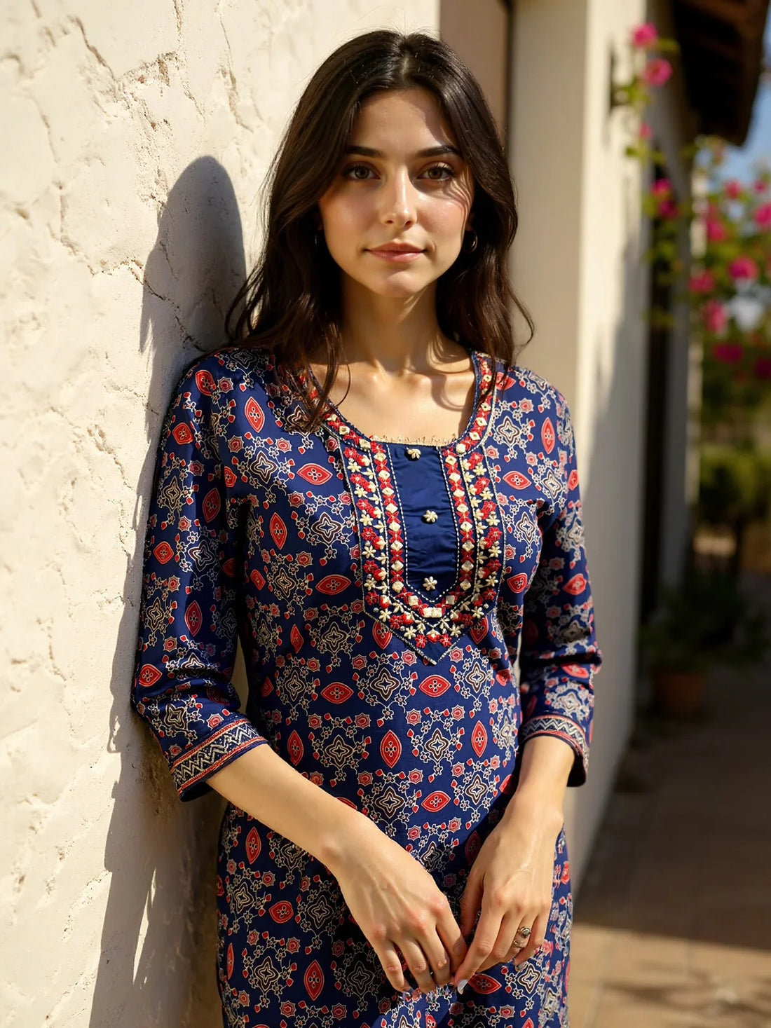 Buy Cotton Embroidered Straight Calf Length Kurta with Pant and Dupatta-Blue