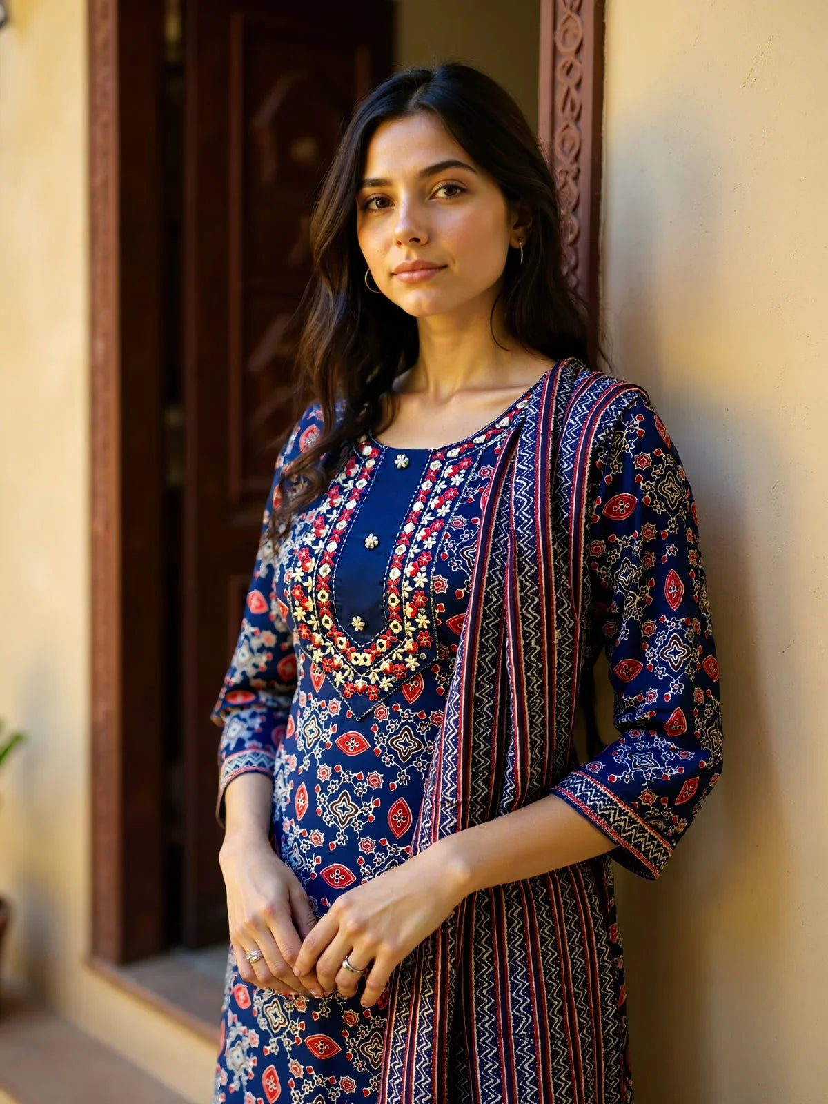 Buy Cotton Embroidered Straight Calf Length Kurta with Pant and Dupatta-Blue