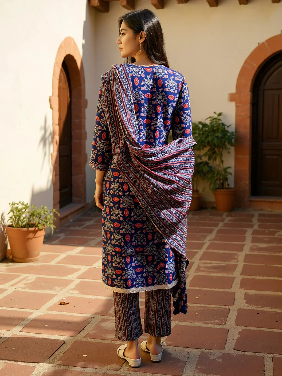 Buy Cotton Embroidered Straight Calf Length Kurta with Pant and Dupatta-Blue