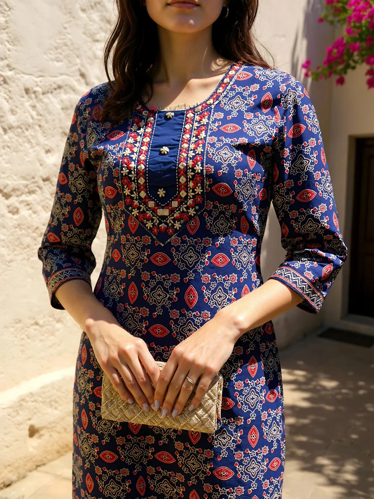 Buy Cotton Embroidered Straight Calf Length Kurta with Pant and Dupatta-Blue