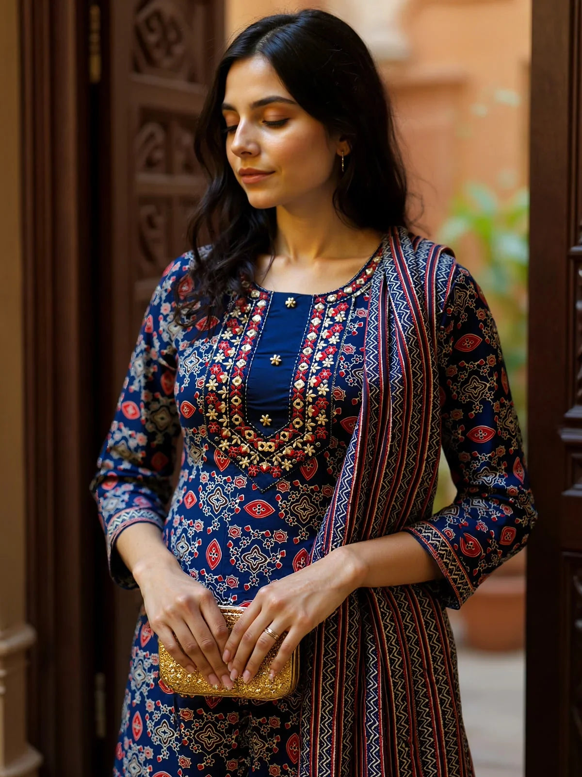 Buy Cotton Embroidered Straight Calf Length Kurta with Pant and Dupatta-Blue