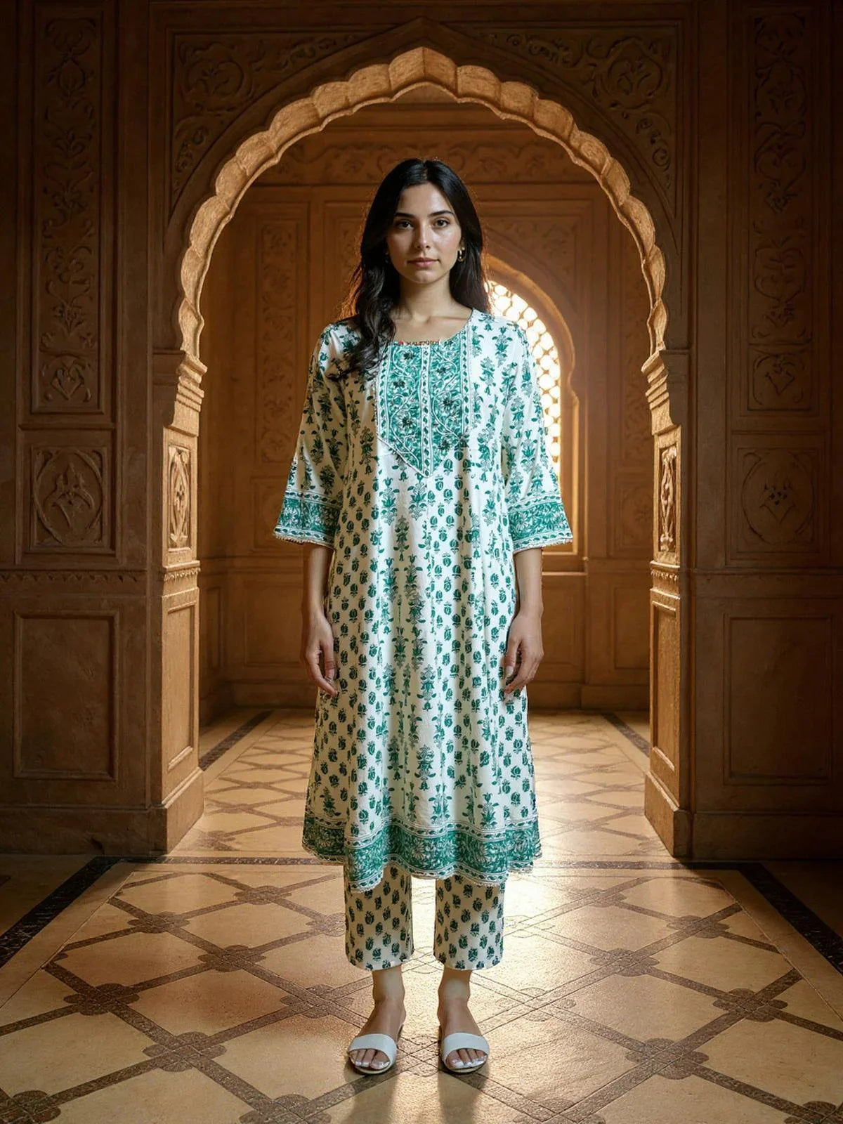 Buy Rayon Embroidered Anarkali Calf Length Kurta with Pant and Dupatta-White