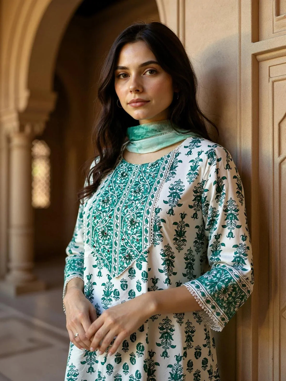 Buy Rayon Embroidered Anarkali Calf Length Kurta with Pant and Dupatta-White