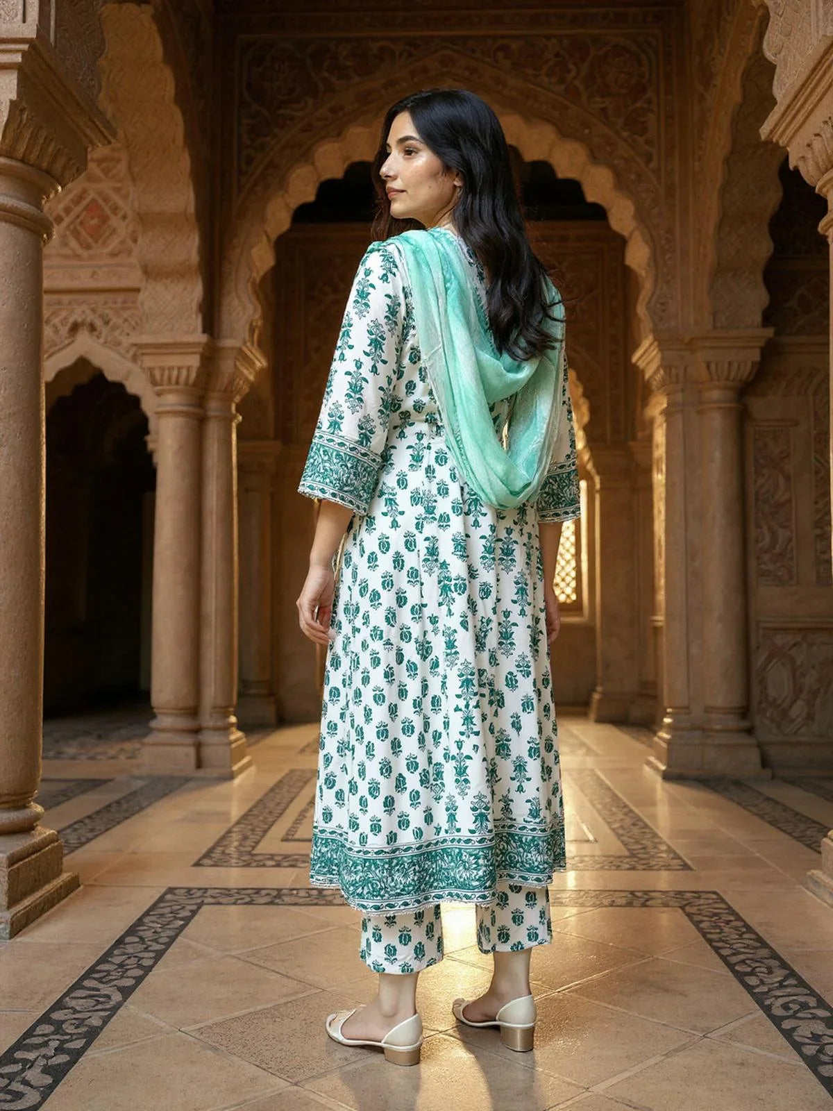 Buy Rayon Embroidered Anarkali Calf Length Kurta with Pant and Dupatta-White