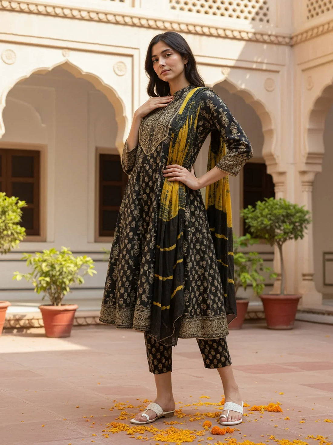 Buy Rayon Embroidered Anarkali Calf Length Kurta with Pant and Dupatta-Black