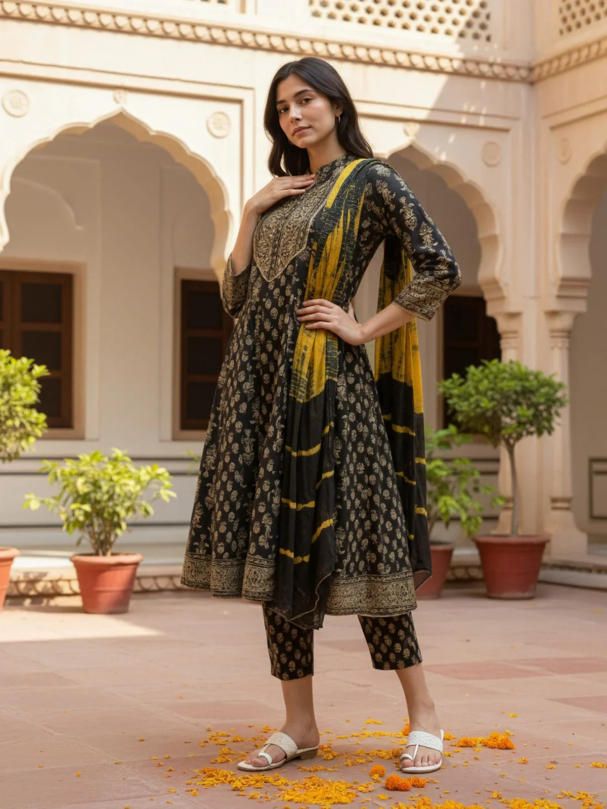 Buy Rayon Embroidered Anarkali Calf Length Kurta with Pant and Dupatta-Black