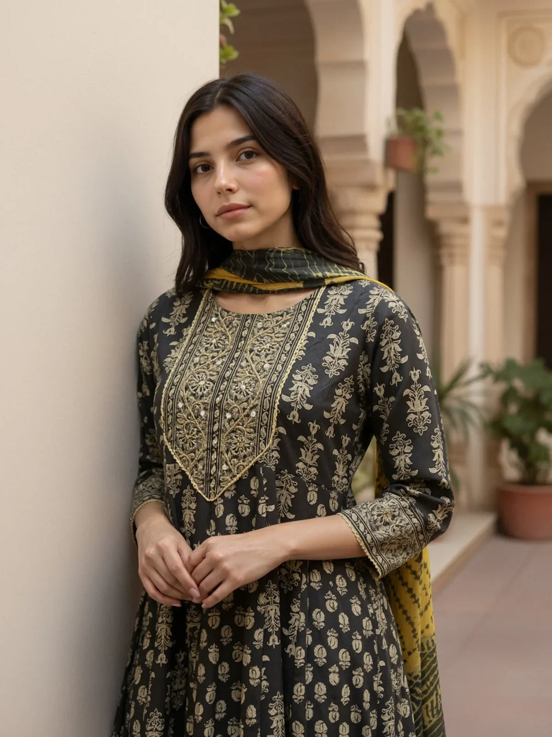 Buy Rayon Embroidered Anarkali Calf Length Kurta with Pant and Dupatta-Black