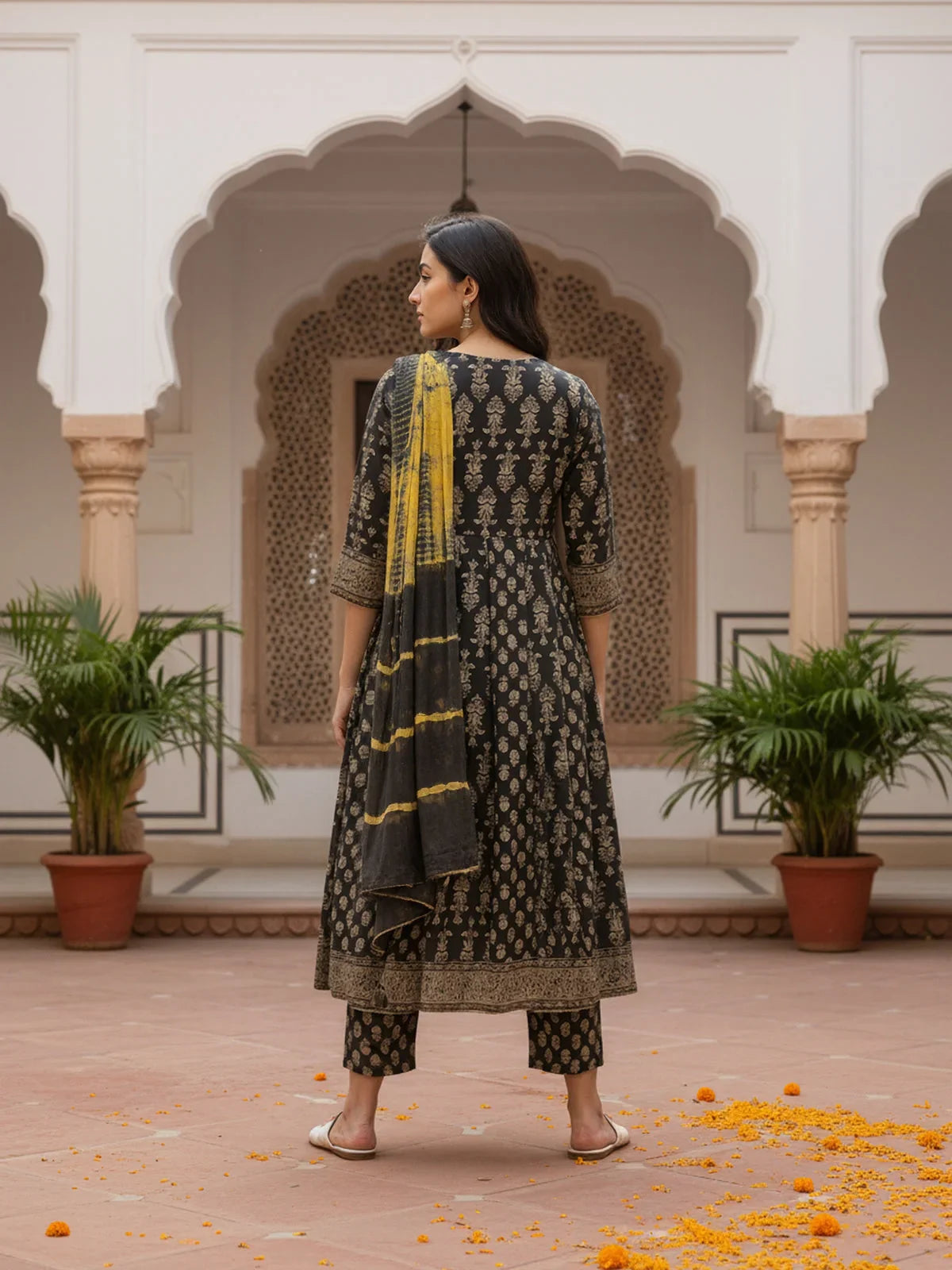 Buy Rayon Embroidered Anarkali Calf Length Kurta with Pant and Dupatta-Black