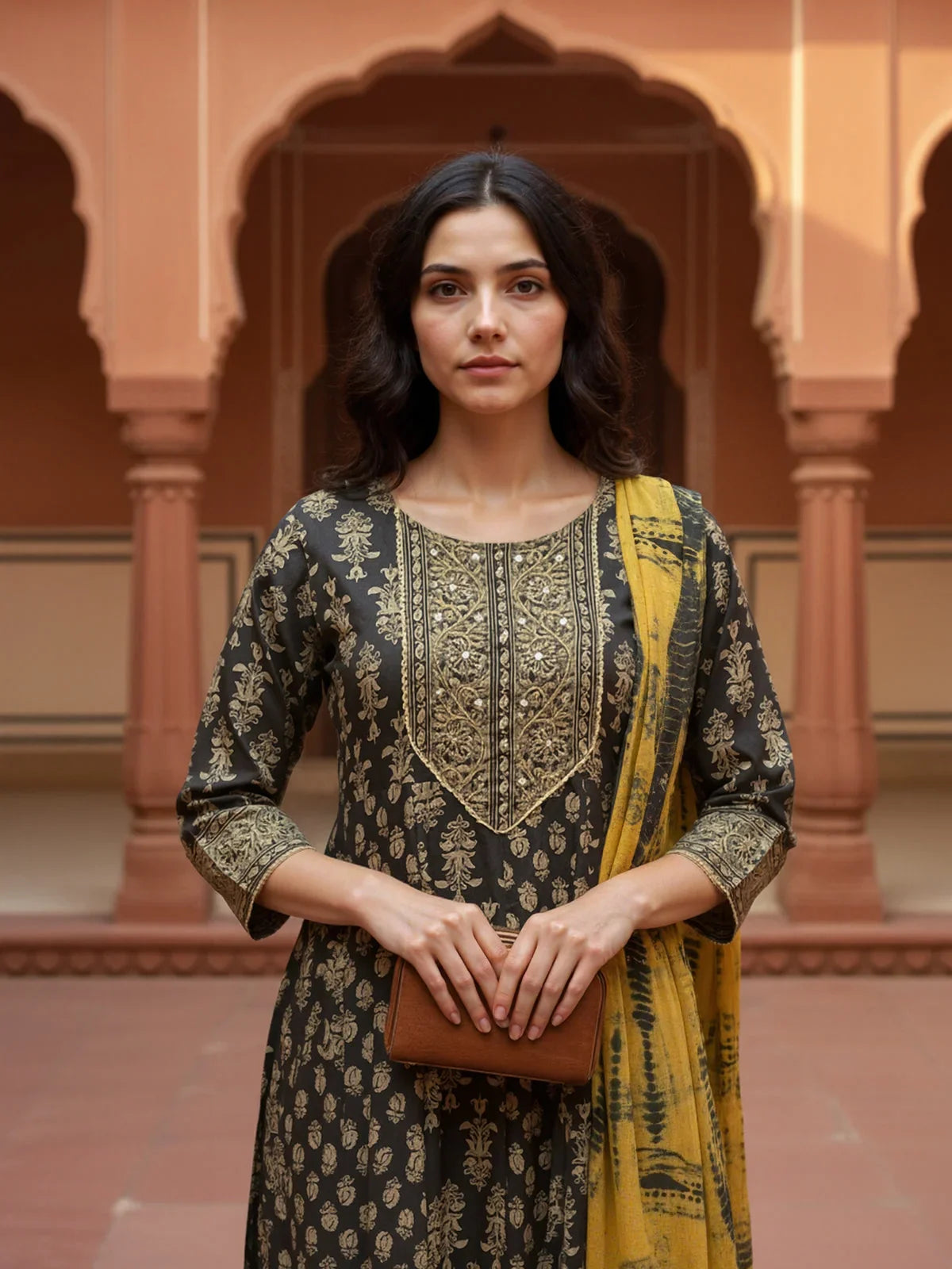 Buy Rayon Embroidered Anarkali Calf Length Kurta with Pant and Dupatta-Black