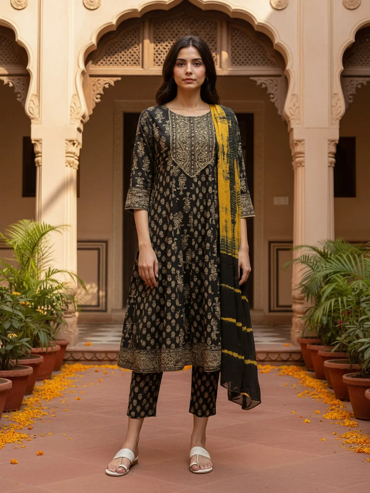 Buy Rayon Embroidered Anarkali Calf Length Kurta with Pant and Dupatta-Black