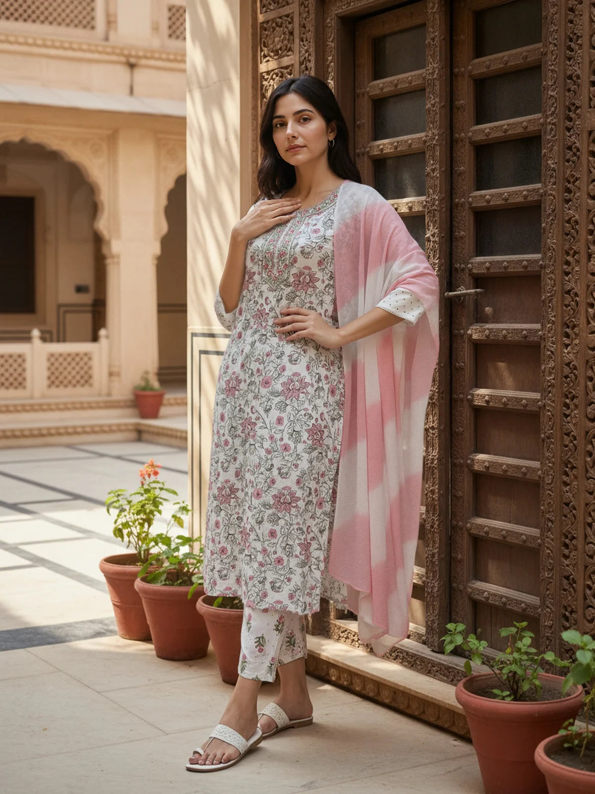 Buy Rayon Embroidered Straight Calf Length Kurta with Pant and Dupatta-White