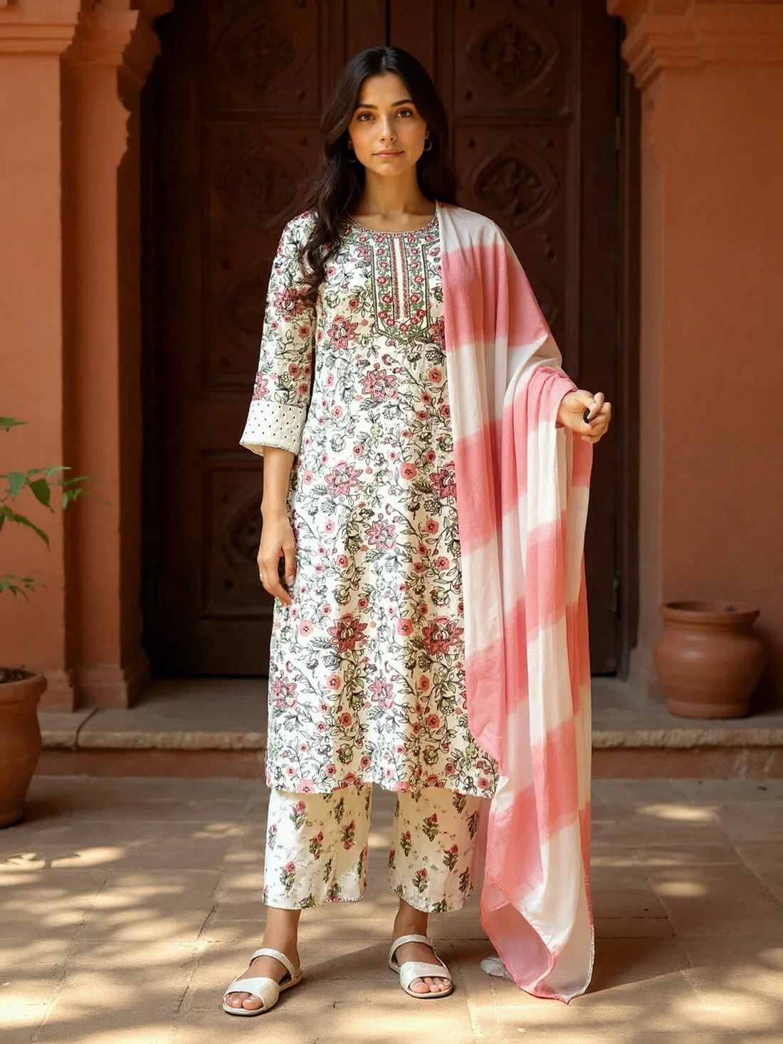 Buy Rayon Embroidered Straight Calf Length Kurta with Pant and Dupatta-White