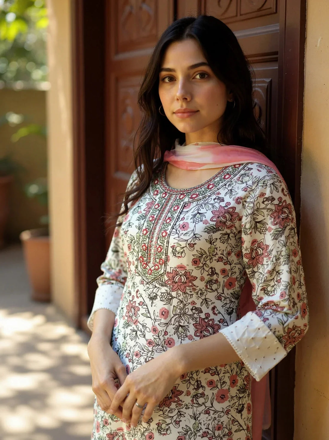 Buy Rayon Embroidered Straight Calf Length Kurta with Pant and Dupatta-White
