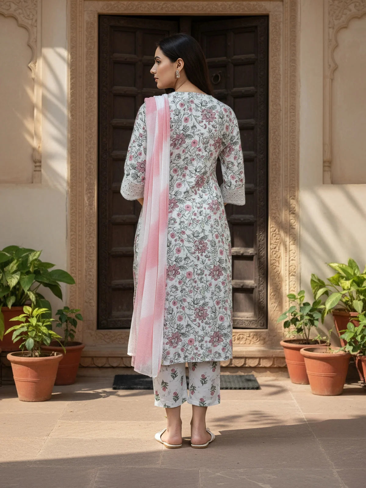 Buy Rayon Embroidered Straight Calf Length Kurta with Pant and Dupatta-White