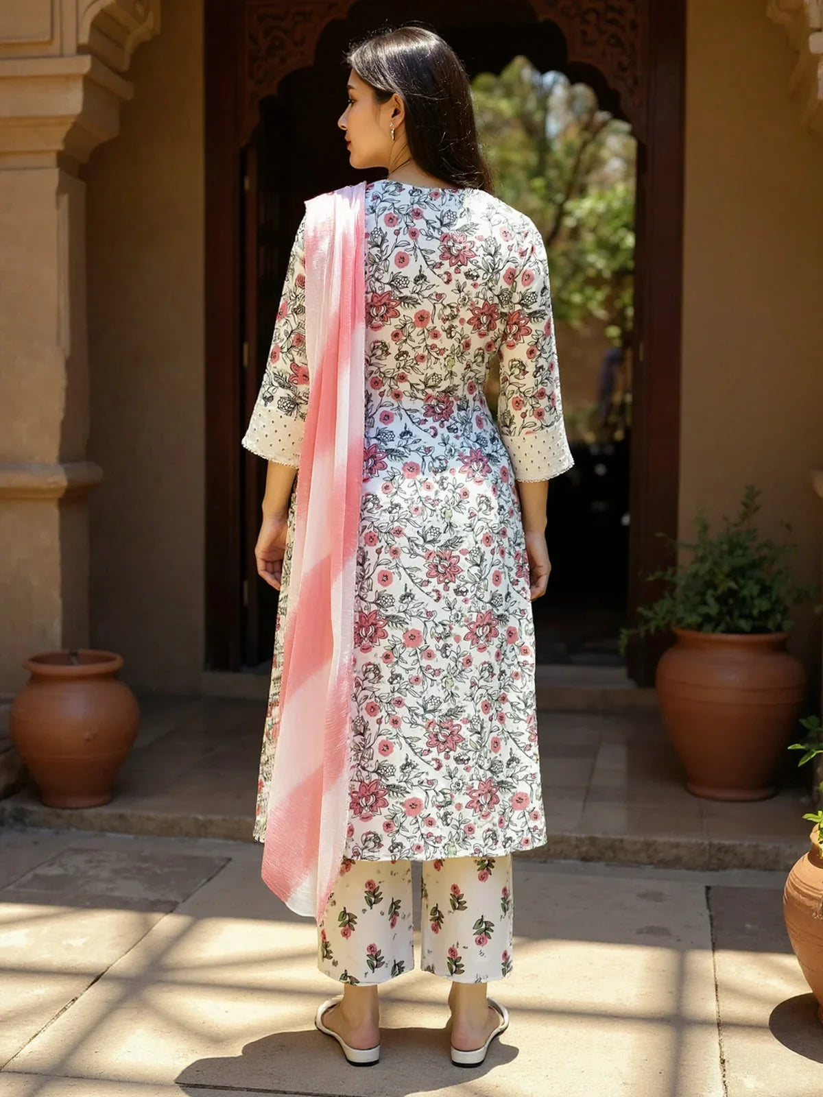 Buy Rayon Embroidered Straight Calf Length Kurta with Pant and Dupatta-White