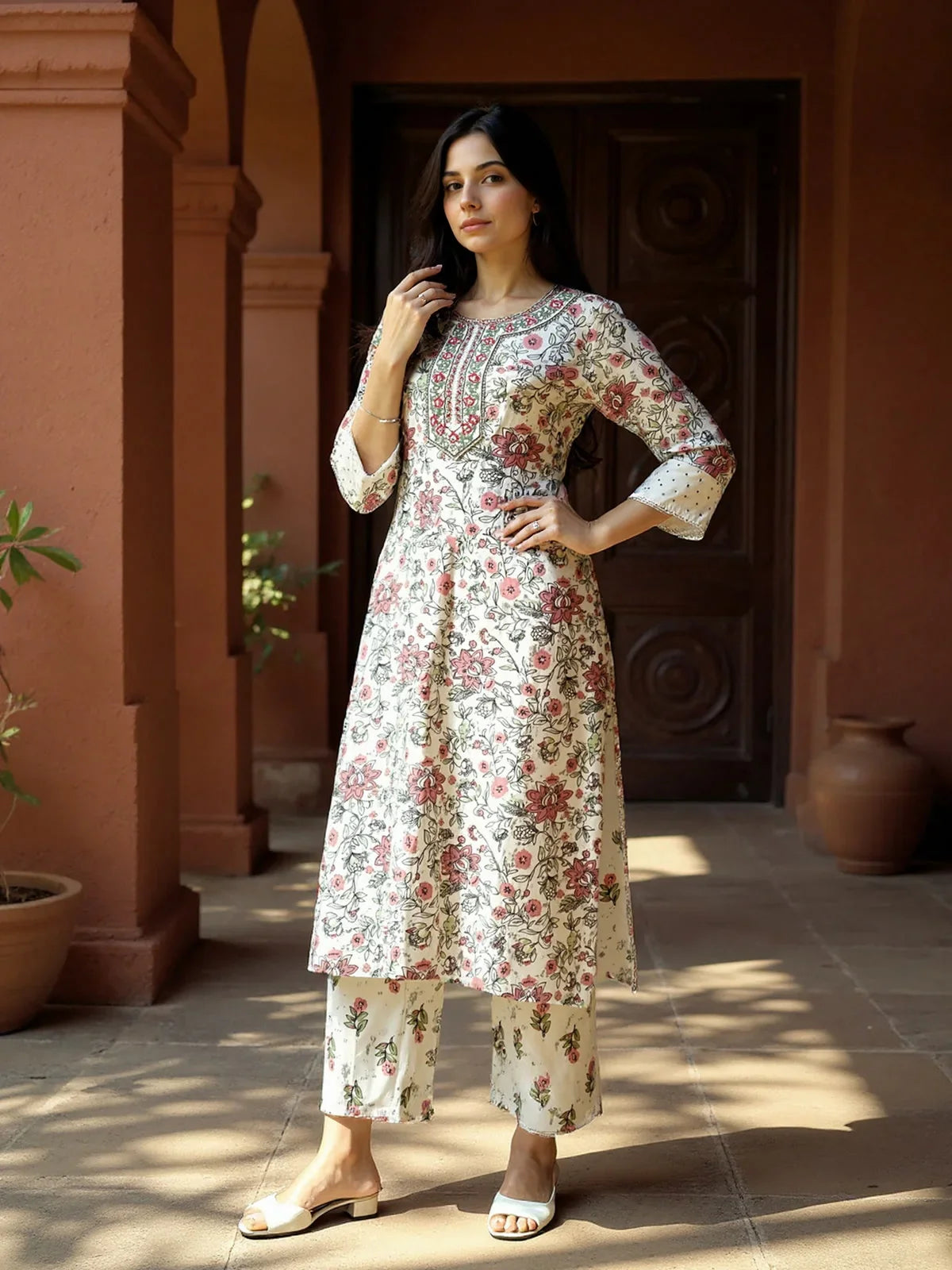 Buy Rayon Embroidered Straight Calf Length Kurta with Pant and Dupatta-White