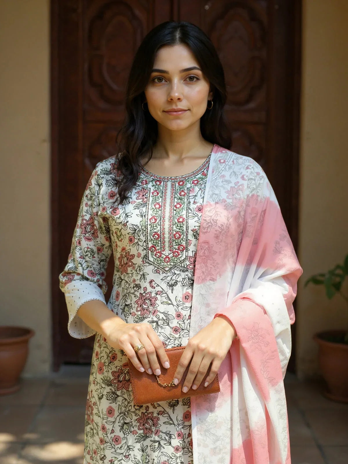 Buy Rayon Embroidered Straight Calf Length Kurta with Pant and Dupatta-White